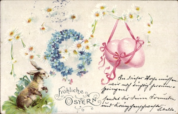 Litho Glückwunsch Ostern, Osterhase, Ostereier, Vergissmeinnicht