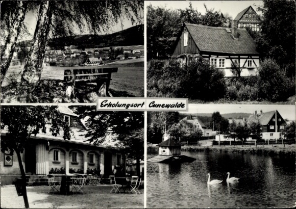 Ansichtkaart Cunewalde in Oberlausitz, zwart-witfoto's, rustgevend landschap, gebouwen, meer met...