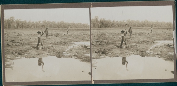 Stereofoto Venezuela, wegenbouw, Afrikaanse arbeiders, wereldreis 1914
