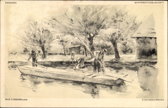 Artist PC Liebermann, Ernst, ink drawing, men in a boat, washerwoman on the shore
