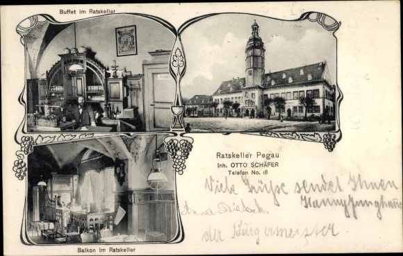 Postcard Pegau in Saxony, town hall, Ratskeller, buffet, balcony