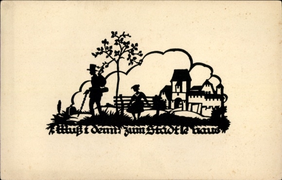 Paper cutting song Postcard Schwindt, AM, Must I, must I go out to the town