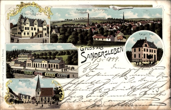litho Sandersleben in Anhalt, Hotel Rathskeller, treinstation, keizerlijk postkantoor, marktplein
