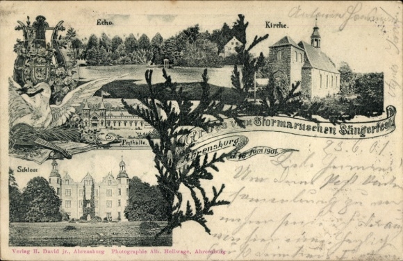 Postcard Ahrensburg in Holstein, castle, church, festival hall, Echo, Stormarn Song Festival