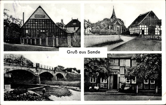 Postcard Sande in Friesland, Sanderkrug, bridge, church