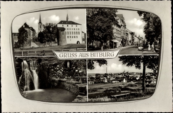 Ansichtkaart Bitburg in de Eifel Rijnland-Palts, uitzicht op de straat, uitzicht op de stad, waterval, kasteel