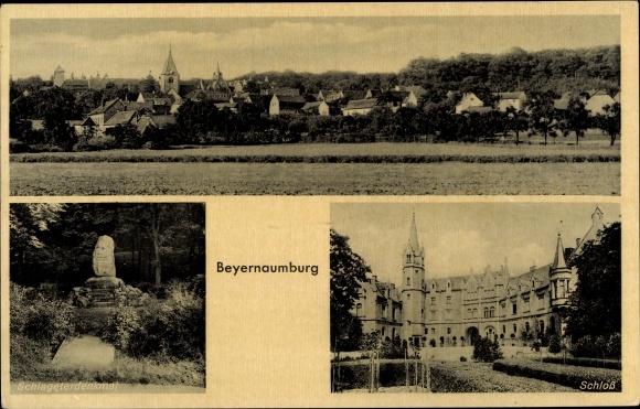 Ansichtkaart Beyernaumburg Allstedt in Saksen Anhalt, kasteel, Schlageter-monument, totaaloverzicht