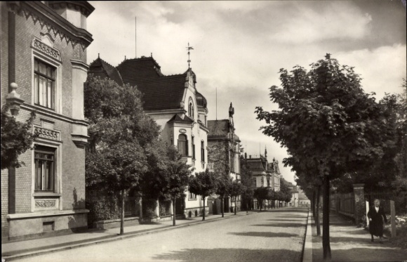 Ak Zeulenroda in Thüringen, Stadtansicht, Goethestraße, Bäume, Wolken, Historische Architektur