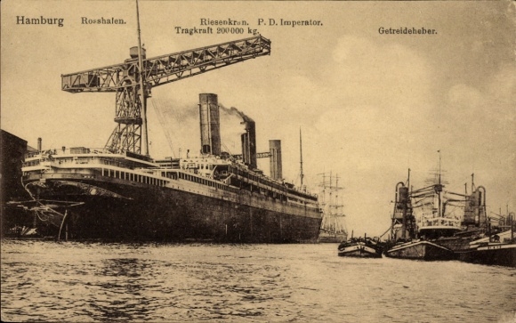 Postcard HAPAG steamer Hamburg (IV), passenger ship, giant crane, PD Imperator, load capacity 200000 kg,