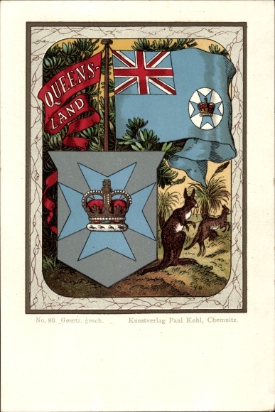 Coat of Arms Chromo-Litho Queensland Australia, kangaroos, flag, crown