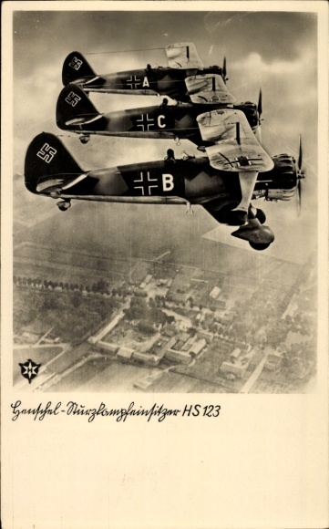Postcard German Air Force, dive bomber Henschel Hs 123, ABC