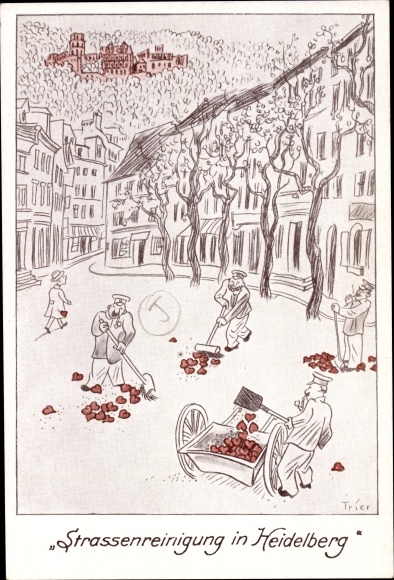 Artist Postcard Trier, Heidelberg am Neckar, street cleaning