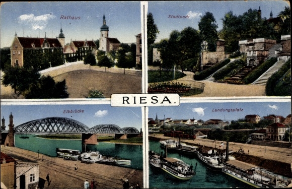 Ak Riesa an der Elbe Sachsen, Rathaus, Stadtpark, Elbbrücke, Landungsplatz, Elbdampfer
