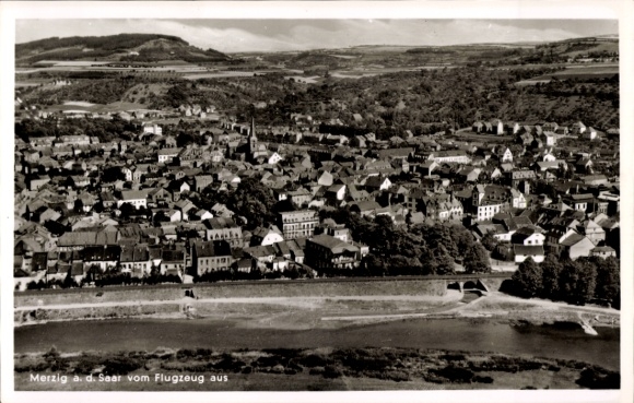 Postcard Merzig on the Saar, aerial view of Saar, over houses, landscape, river