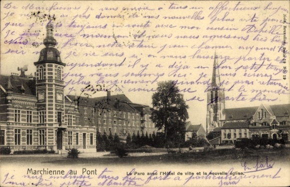 PC Marchienne au Pont Charleroi Wallonia Hainaut, front view with Hotel de Ville, church, buildings