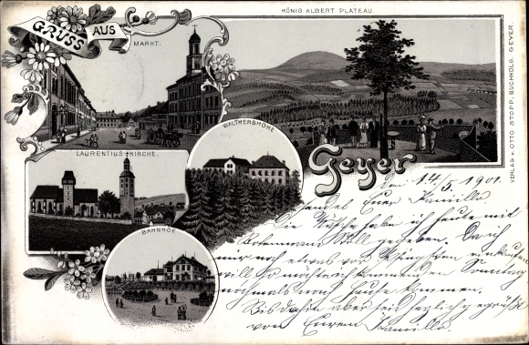 Litho Geyer im Erzgebirge Sachsen, Markt, Laurentius Kirche, Bahnhof, Waltershöhe