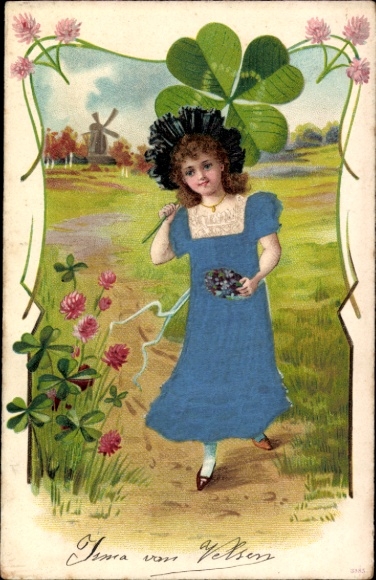 Präge Material Ak Mädchen mit Blumen, Glücksklee