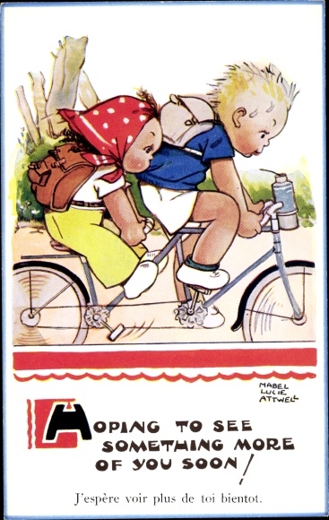 Artist Postcard Attwell, Mabel Lucy, Girl and boy on a bicycle, tandem