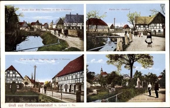 Ak Niedercunnersdorf Kottmar in Oberlausitz, herberg aan de 3 sterren, Oberdorf, oorlogsmonument