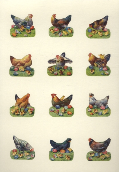 12 wafers chickens and chicks with colorful eggshells, each approx. 4 x 4.5 cm
