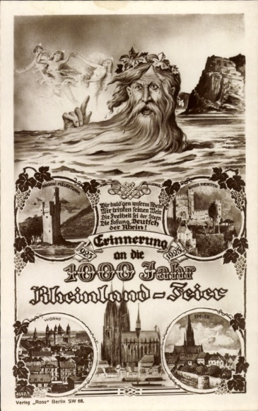 Postcard 1000-Year Celebration Rhineland, Father Rhine, Cologne Cathedral, Bingen Mouse Tower, Rheinstein Castle