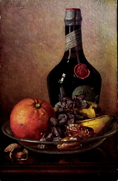 Kunstenaar Ak Billing, M., Stilleven, Fruit, Wijn, Sinaasappel