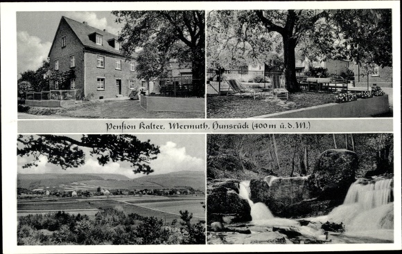 Postcard Mermuth im Hunsrück, Pension Kalter, waterfall, panorama