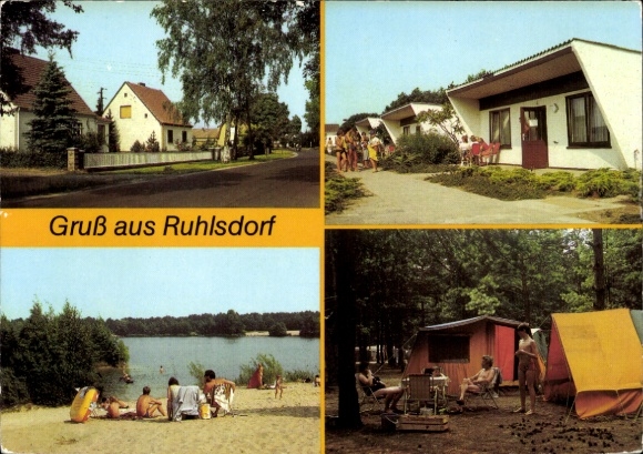 Ak Ruhlsdorf Teltow in Brandenburg, groeten van foto's van strand, camping, huizen