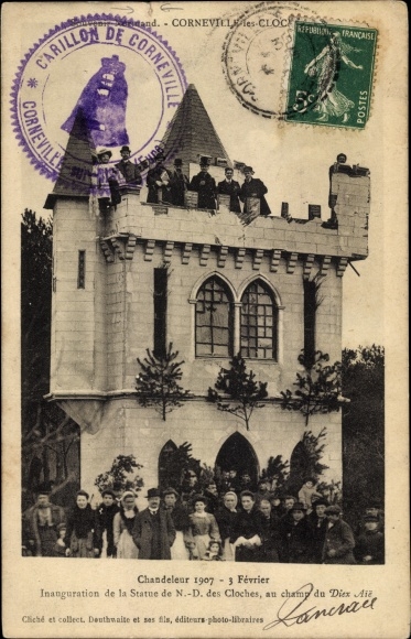 Postcard Corneville les Cloches Eure, Candlemas 1907, Inauguration of the Statue of Our Lady of the Bells