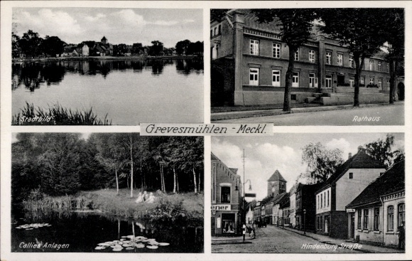 Postcard Grevesmühlen in Mecklenburg, Callies Anlagen, Town Hall, Hindenburg Street