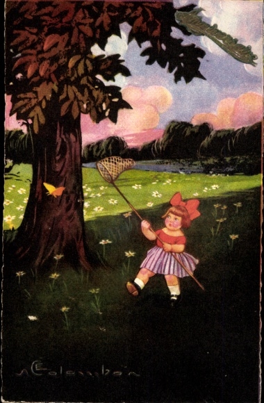 Artist Postcard Colombo, E., Girl with Butterfly Net