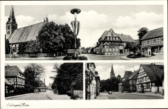 Postcard Sulingen in Lower Saxony, church, street section, half-timbered houses
