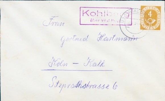 Country postmark Kohlberg Windeck via Waldbröl on a letter to Cologne Kalk July 30, 1955