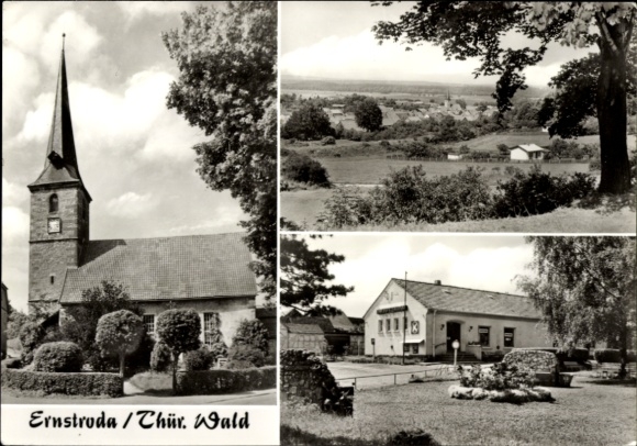 Postcard Ernstroda Friedrichroda in the Thuringian Forest, church with clock tower, landscape photographs, buildings
