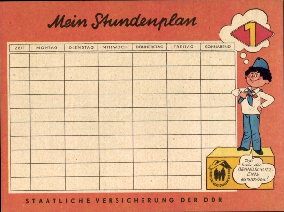 Timetable GDR state insurance, fire protection insurance, picture story around 1970