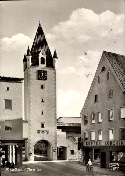 Postcard Mindelheim in Unterallgäu, Obeces Toc, tower, Kaffee Lorcher, black and white photo