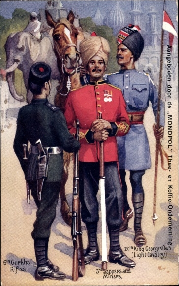 Postcard Britische Armee, 6th Gurkha Rifles, 3rd Sappers and Miners, 26th King George's Own Light Cavalry
