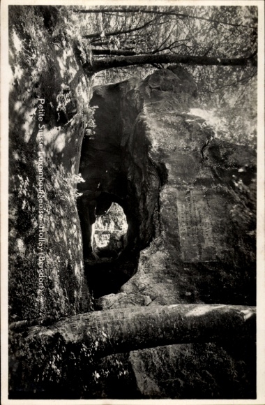 Postcard Berdorf Luxembourg, Petite Suisse, rocks, green trees, natural cave