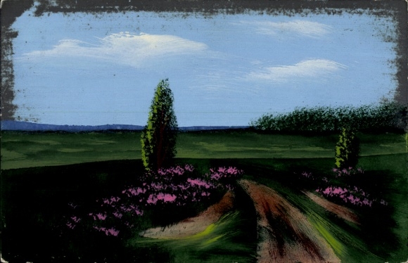 Hand-painted Postcard landscape, flower blossom