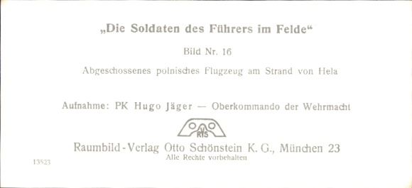 Stereo image photo "The Führer's soldiers in the field" No. 16, shot down Polish aircraft, Hela