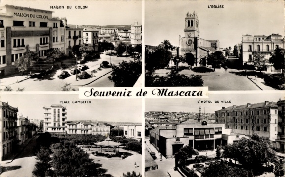 Ak Mascara Algerien, MAISON DU COLON, L'EGLISE, PLACE GAMBETTA, L'HOTEL DE VILLE