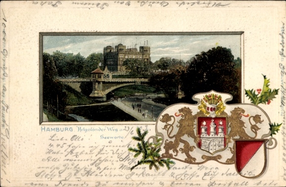 Embossed Passepartout Coat of Arms Chromo-Litho Hamburg Mitte St. Pauli, Helgoländer Weg and Seewarte