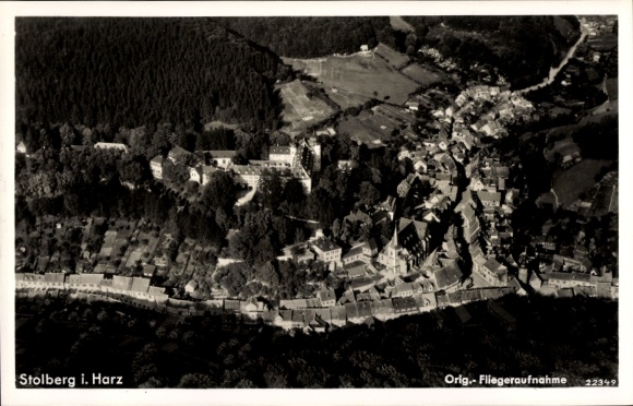 Postcard Stolberg im Harz, aerial view of Stolberg im Harz, village landscape, forests, architecture