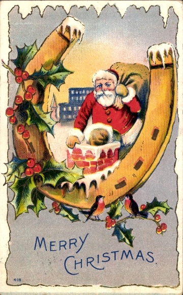 In reliëf gemaakte Ak Gefeliciteerd Kerstmis, de Kerstman klimt in de schoorsteen, hoefijzer, hulsttak