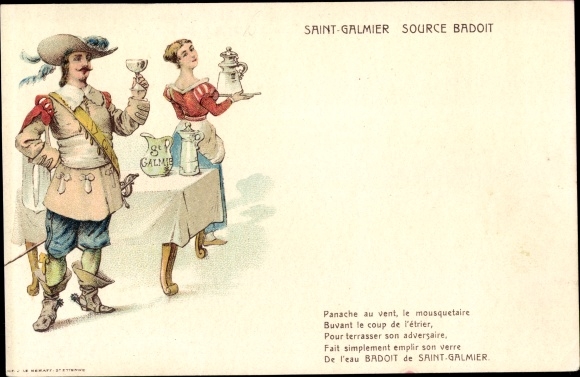 Ak Saint Galmier Loire, Source Badoit, mousquetaire, Reklame