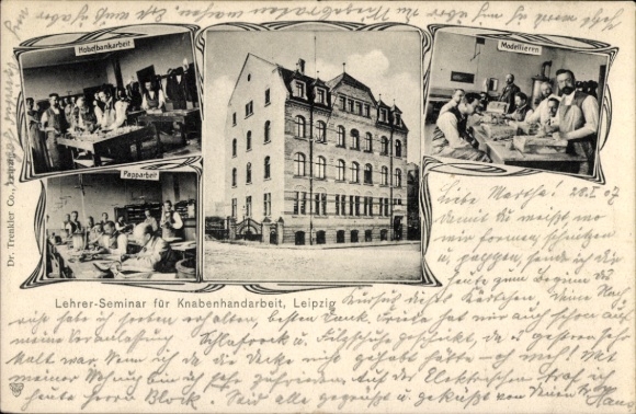Postcard Leipzig in Saxony, teacher training college for boys' handicrafts, workbench work, modelling, cardboard work