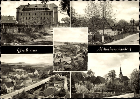 Ansichtkaart Mittelherwigsdorf in Oberlausitz, na het werk naar huis, kerk, panorama