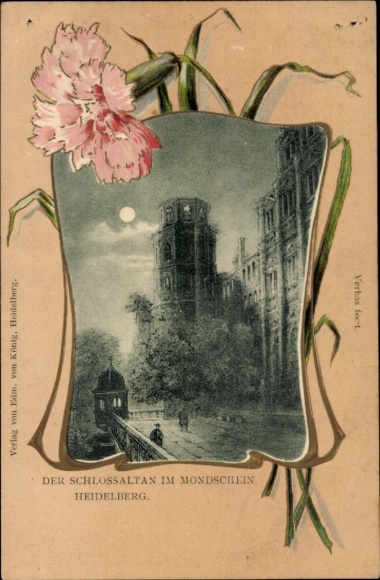 Embossed Passepartout PC Heidelberg on the Neckar, Castle Balcony in the Moonlight, Carnation