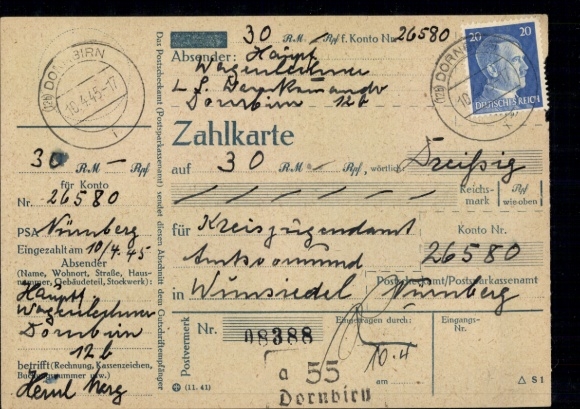 Payment card 791 "(12b) Dornbirn 10.4.45" with postcode