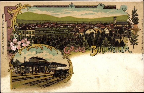 Chromo-Litho Bollwiller Bollweiler Alsace Haut Rhin, panorama, train station